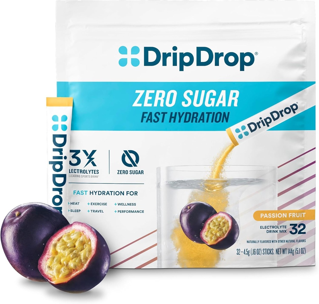 DropDrop Sugar Free Hydration Pakiety - Zero Passion Fruit - Pojedyncze Podawanie Electrolytes Proszek Drink Mix - Nie-GMO, Gluten Free, Wegan - 32 Sticks