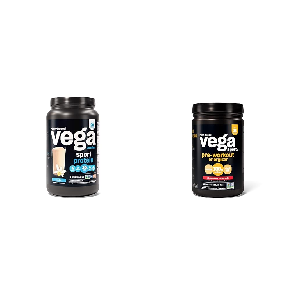 Vega Premium Sport Protein Vanilla Protein Powder, Vegan, Non GMO & Sport Pre- Workout Energizer, Lemoniada truskawkowa - Proch przedtreningowy