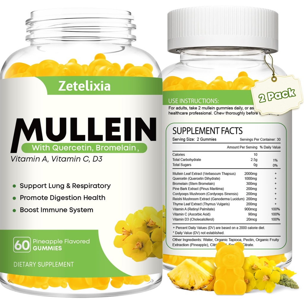 Mullein Gummies dla jasnych płuc, 10 w 1 Ekstrakt Mullein Leaf dla płuc, Mullein Quercetin Gummies dla Lung Cleanse, układu oddechowego, immunologicznego, aromatu ananasowego, 120 Count