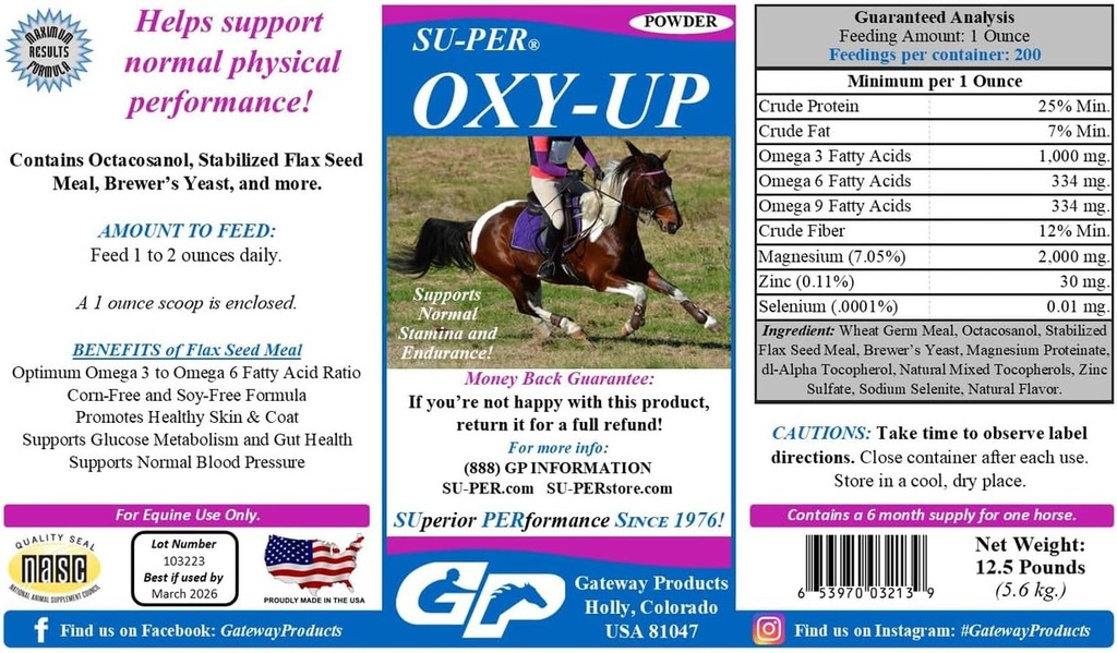SU- PER Oxy- Up Performance Supplement Horse - Wspiera Normal Stamina and Endurance - Ekstrakt Zarodków Pszenicy, B- Complex Vitamin, Magnezu - 12,5 funta, 6 Miesiące Dostawy