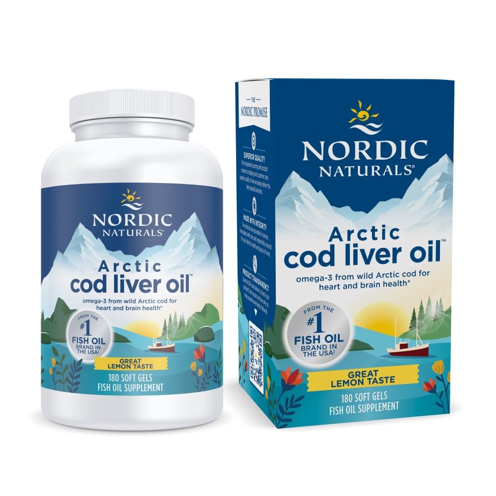 Nordic Naturals Arctic Cod Liver Oil, Lemon - 180 Soft Gels - 750 mg Total Omega- 3 z EPA & DHA - Heart & Brain Health, Zdrowy Immunitet, Ogólny Wellness - Non-GMO - 60 Służenie