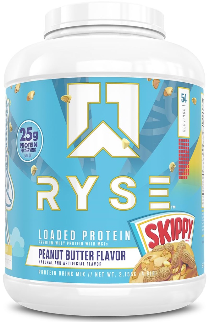 RYSE w proszku z białkami nasyconymi - Masło orzechowe Skippy - 25g Izolacja białka serwatki & Koncentracja z włóknem prebiotycznym & MCTs - Niskie węglowodory, niski cukier, Przyjazny do spożycia - 54 Słupki / 4 Lb Tub