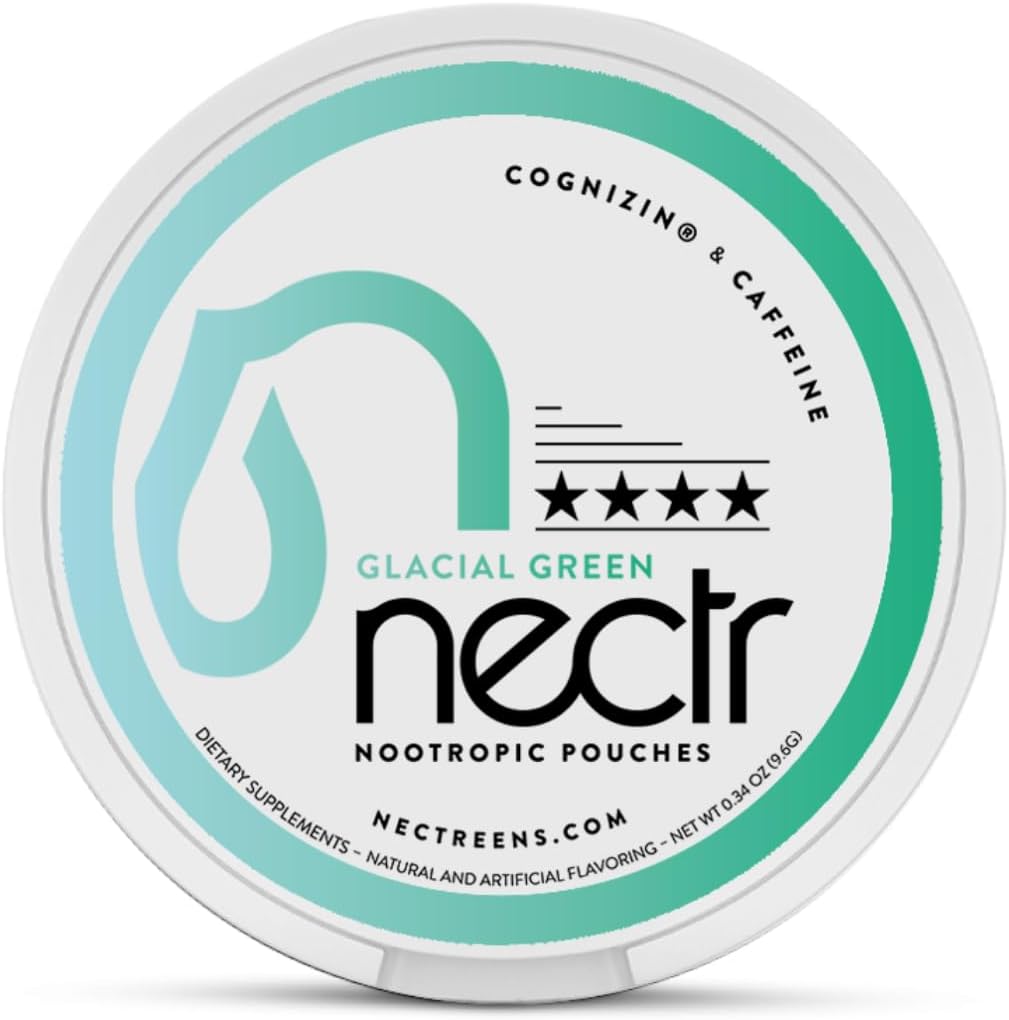 Nectr Energy Nootropic Pouches - Glacial Green Wintergreen Kofeina Pouches z Cognizin ® Citicoline. Leczenie bez cukru. Gładki, Trwały suplement ogniskowy i energetyczny - 1 Puck z 16szt.