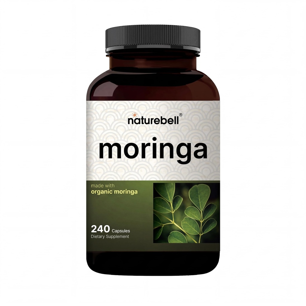NatureBell Pure Moringa kapsułki 124; Made with Moringa Proszek Organic, 240 Kapsułki - Green Superfood, Zdrowie skóry, & Wsparcie immunologiczne - Non-GMO, Gluten Free, 4 Miesiąc dostaw