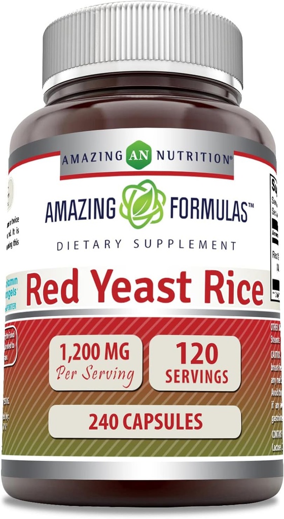 Amazing Formulas Red Yeast Rice 1200mg Per Serving 240 Kapsułki Suplement Bis124; Non-GMO Bis124; Gluten Free 124; Made in USA