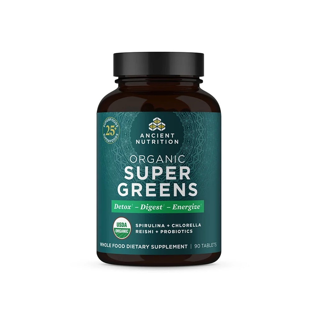 Ancient Nutrition Super Zielone z probiotyki, Organic Superfood Tablets Made from Spirulina, Chlorella, Moringa, and a Resilient Probiotic, 30 Służenia, 90 Hrabia