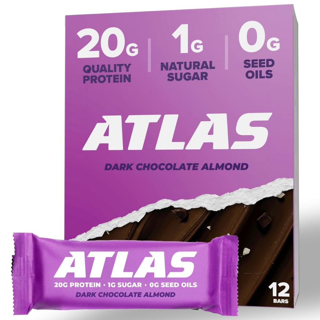 Atlas Bar - 20 g Protein, 1 g Sugar, 0g Seed Oils, 0g Sztuczne Sweetenery (Dark Chocolate Almond, 12 Count)