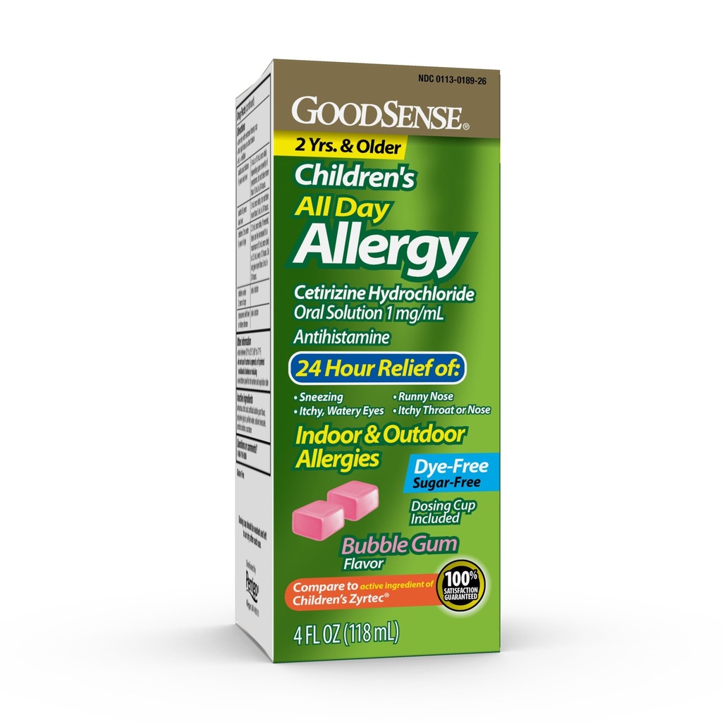 GoodSense Relief alergiczny dla dzieci przez cały dzień, Cetirizine Hydrochloride roztwór doustny 1 mg / ml, Bubble Gum Flavor, Dye Free, Sugar Free, 4 Unce Fluid