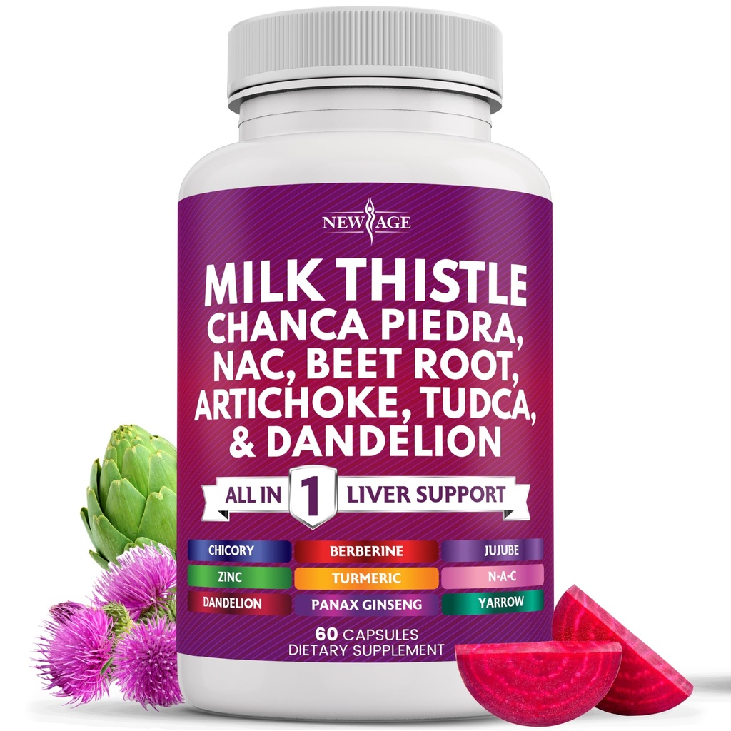 NOWY WIEK Mleko Thistle NAC Chanca Piedra Beet Root Artichock Dandelion Root Astragalus - Plus TUDCA & Ginger - 60 Count
