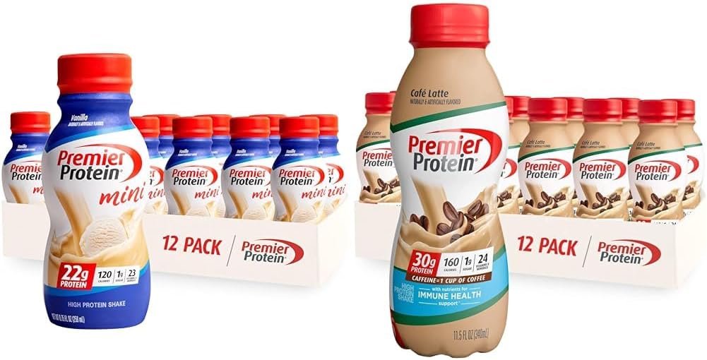 Premier Protein Shake MINIS Vanilla 22g Protein 120 Calories Pack of 12 & Café Latte 30g Protein 160 Calories Nutrigents for Immune Health Pack with 12