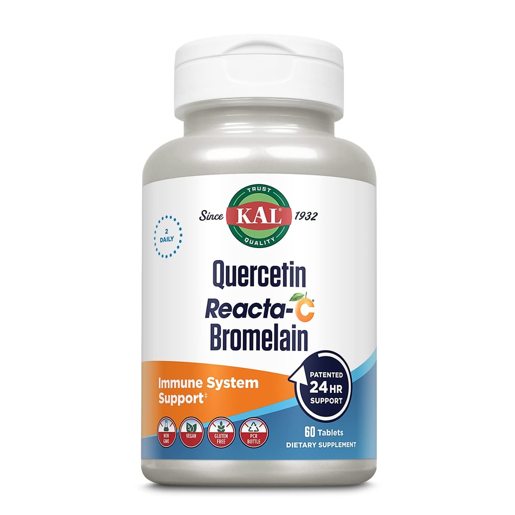 KAL Quercetin Reacta- C Bromelain Immune Supplement, 24-godzinna immunologiczna obrona z bioflawonoidami, Witamina C 1000mg i Quercetin 500mg, Wegan, Gluten Free, 60-dniowa gwarancja, 30 Serv, 60 tabletek