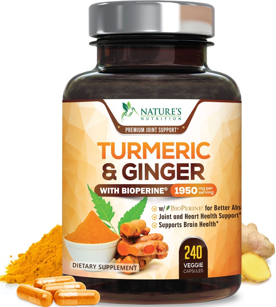 Kurkumina Kurkumina suplement 1950mg - 95% Kurkuminoidy z organiczną Turmeric & Ginger, BioPerine Black Pepper dla najlepszej absorpcji, Natural 's Vegan Joint Support, Non-GMO, Butelkowane w USA - 240 Kapsułki