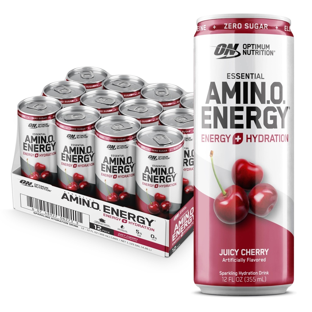 Optimum Nutrition Amino Energy Sflaging Hydration Drink, Electrolytes, Kofeina, Amino Acids, BCAA, Sugar Free, Juicy Cherry, 12 Fl Oz, 12 Pack (Packaging May Vary)