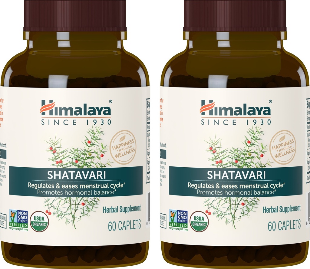 Himalaya Organic Shatavari dla PMS, Menstrual Cramp Relief, Menopauza Wsparcie, i Zdrowie Kobiet, 1,300 mg, 60 Kapsułki, 2 Dostawa miesiąc, 2 Pack