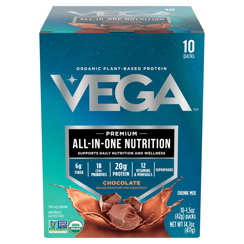 Vega Organic All- in- One Vegan Protein Powder, Czekolada - Superfood Składniki, Witaminy do wspierania odporności, Keto Friendly, Pea Protein for Women & Men, 14.7 oz (Packaging May Vary)