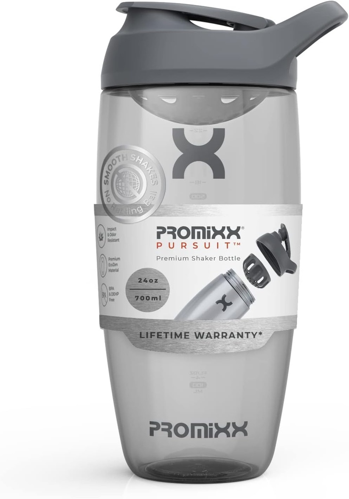 Promixx Pursuit Protein Shaker Butelka (24 oz) - Silent No- Ball Mixer, Leak- Proof Lid, BPA / BPS & Phthalate- Free ECOZEN - Easy- Clean Shaker Cup for Protein Shakes, Pre & Post- Workout Smoothies
