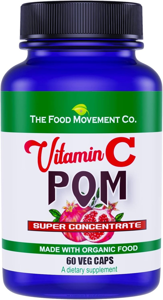 The Food Movement Witamina C Pom - Pomegranat Superfood Koncentrat w połączeniu z 100% roślinna Witamina C z organicznej Acerola Cherry i Camu Camu- Vegan - Gluten Free - 60 Kapsułki