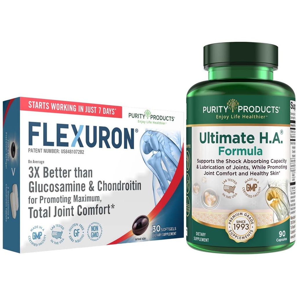 Czystość Produkty Flexuron Joint Formula + Ultimate HA Flexuron (Olej krylowy, Niska masa cząsteczkowa Kwas hialuronowy, Astaksantyna) - Ultimate H.A. (Kolagen Biokomórkowy, Quercetin, Kwas hialuronowy + więcej)