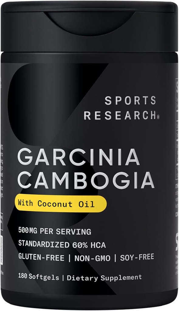 Sports Research Garcinia Cambogia Extract (60% HCA) with Extra Virgin Organic Coconut Oil Between 124; Non-GMO, Soy & Gluten Free (180 Liquid Softgels)