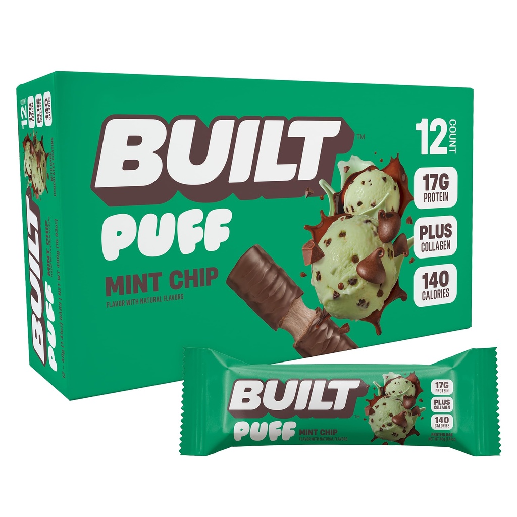 Built Bar, Puff Protein Bars, Mint Chip Puff, 17g Protein Snacks, On- The- Bary, Tylko 140 Calories, 6g Sugar, Collagen, Gluten Free, 12 Count