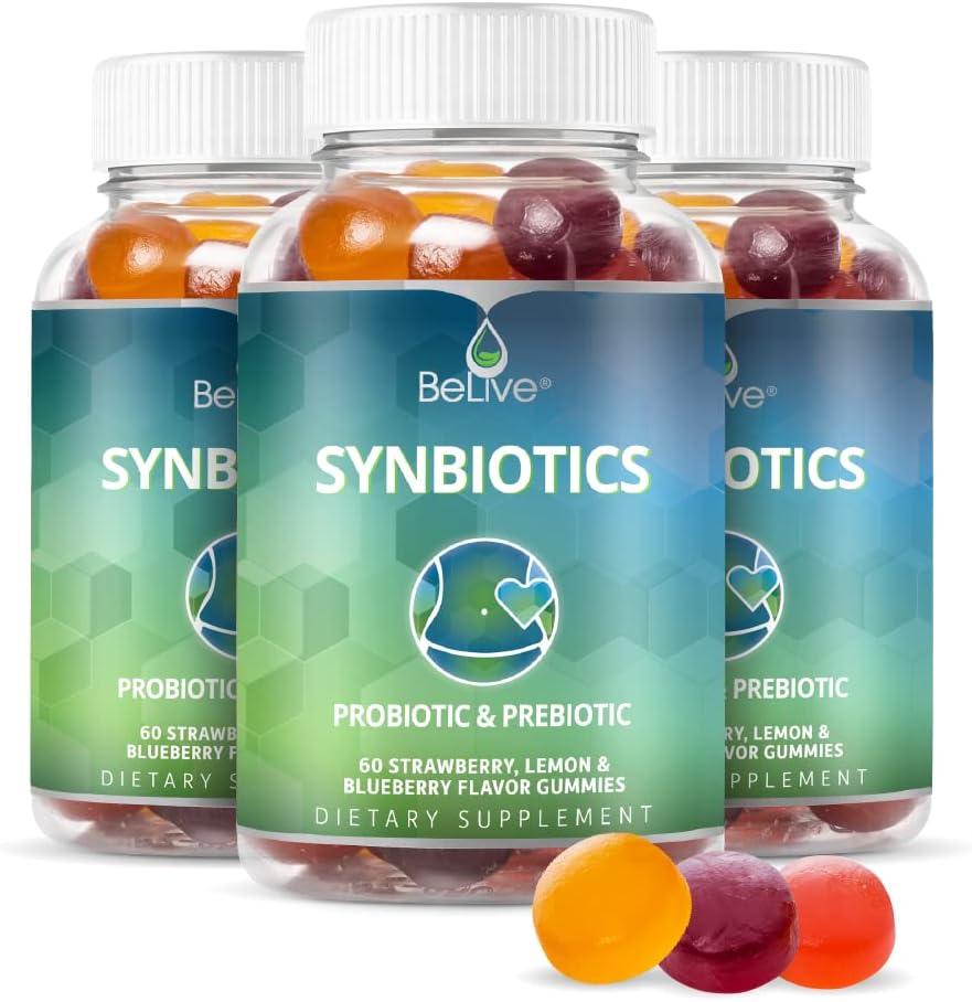 BeLive Synbiotics - Probiotyczne i prebiotyczne gumki włókniste - Wysoka wytrzymałość Inulina (3g), Suplement Fiber dietetycznych, Digestive Support for Kids & Adult - Truskawka, Lemon, Blueberry Flavor