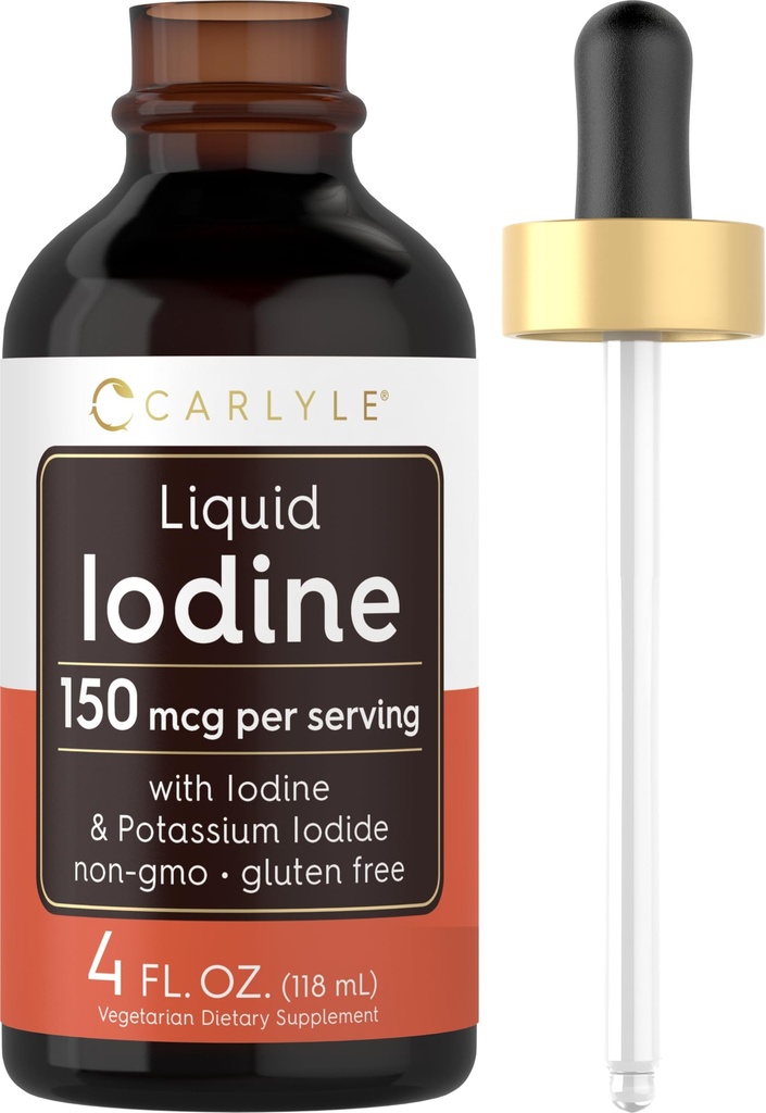 Carlyle Liquid Iodine Drops 4 fl oz Description 124; 150 mcg Description 124; Jod & Potasu Jodek suplement Description 124; Wegetariańskie płynne nalewki Description 124; Non-GMO, Gluten Free