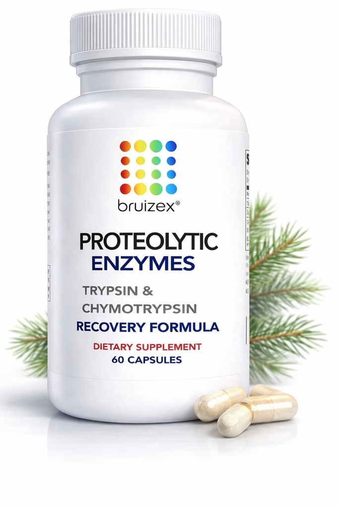 Bruizex Enzymy proteolityczne 124; Trypsin & Chymotrypsin Suplement do odzyskiwania dla urazów tkanek, Siniaki, Obrzęk 124; Wsparcie systemu immunologicznego 124; 60 Czapki