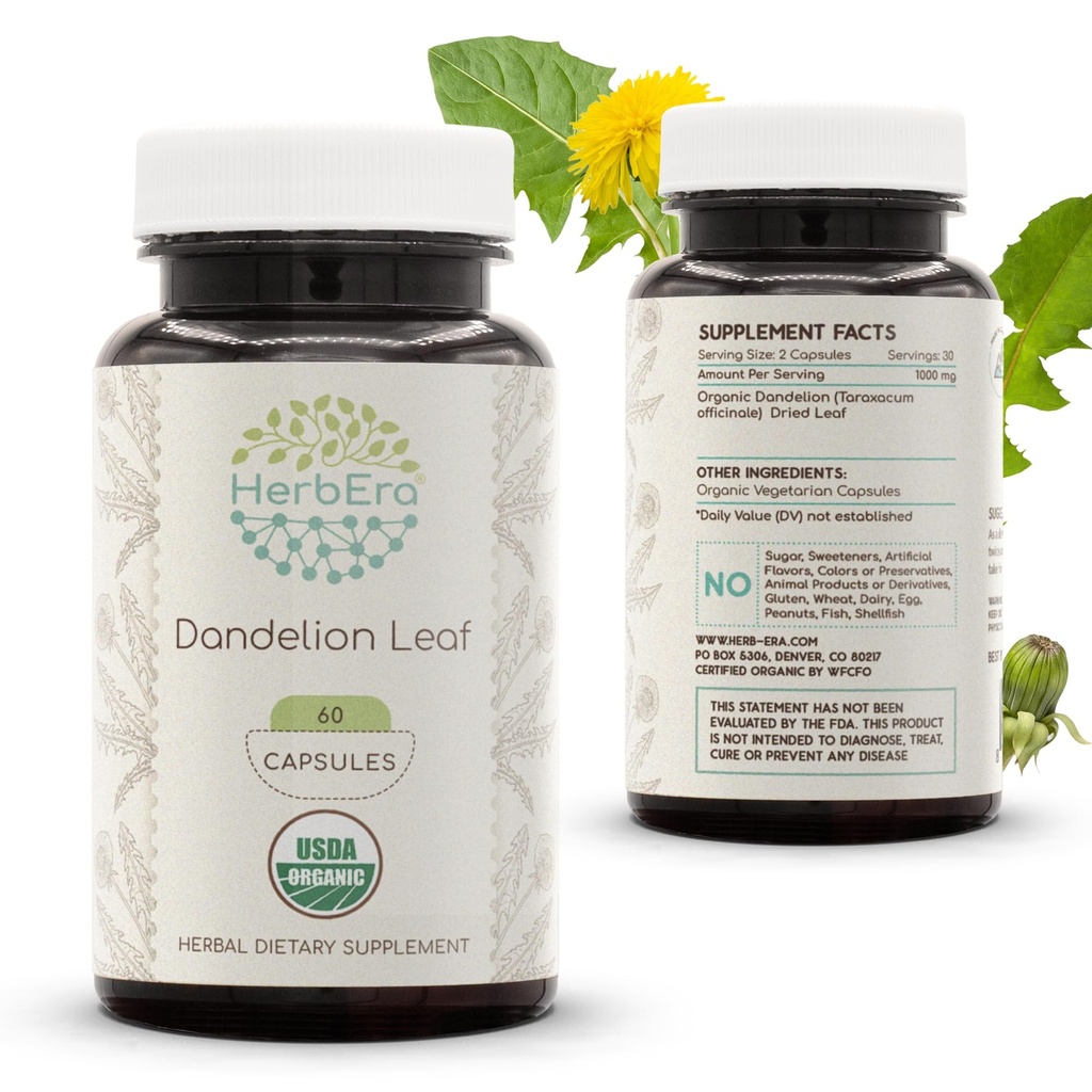 HerbEra Dandelion Leaf USDA Organic 60 Kapsułki 124; Natural Herbal Supplement Agregat 124; Certified Organic Vegetarian Capsules and Organic Dandelion (Taraxacum Officinale) Dried Leaf (60 Kapsułek)