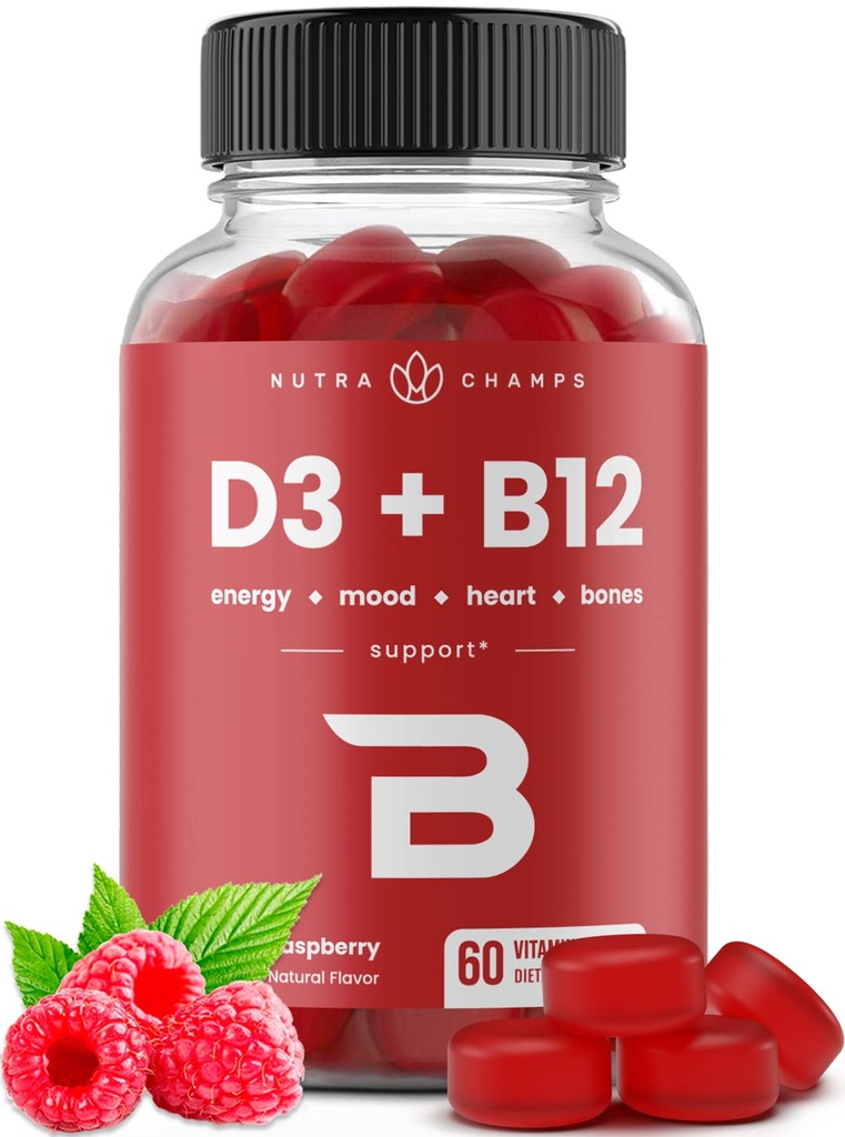 NutraChamps Witamina D3 & B12, Gummies metylowy B12 dla dorosłych i dzieci, Wzmocnione Witaminą D 3 & B9 Folate witaminy, Naturalna energia, Nastrój, Metabolizm i Focus, Malina, 60 Gummies