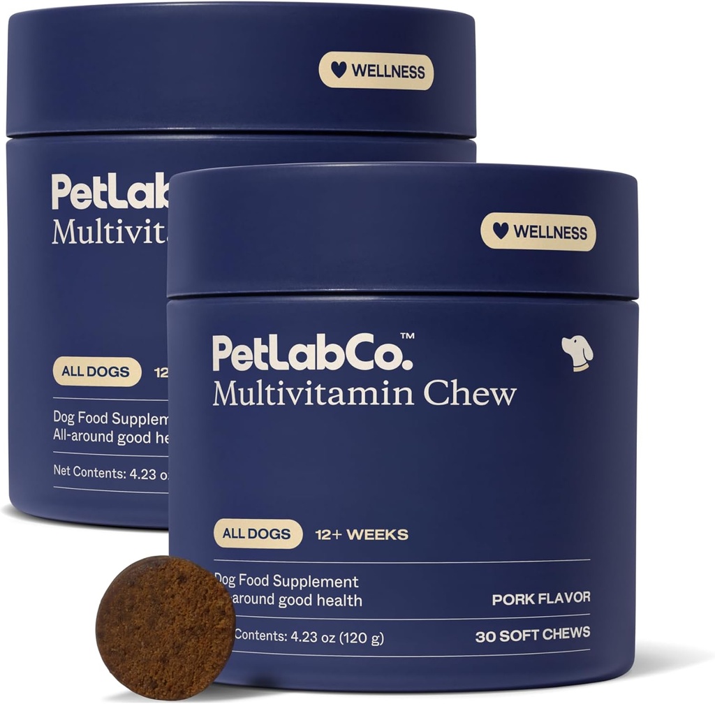 PetLab Co. 22 in 1 Dog Multivitamin - Wsparcie Reakcja immunologiczna psa, Skóra, Płaszcz, Łączniki i Zdrowia Ogólnego - Witaminy A, E, D, B12, Minerały, Przeciwutleniacze - Smak wieprzowiny do żucia