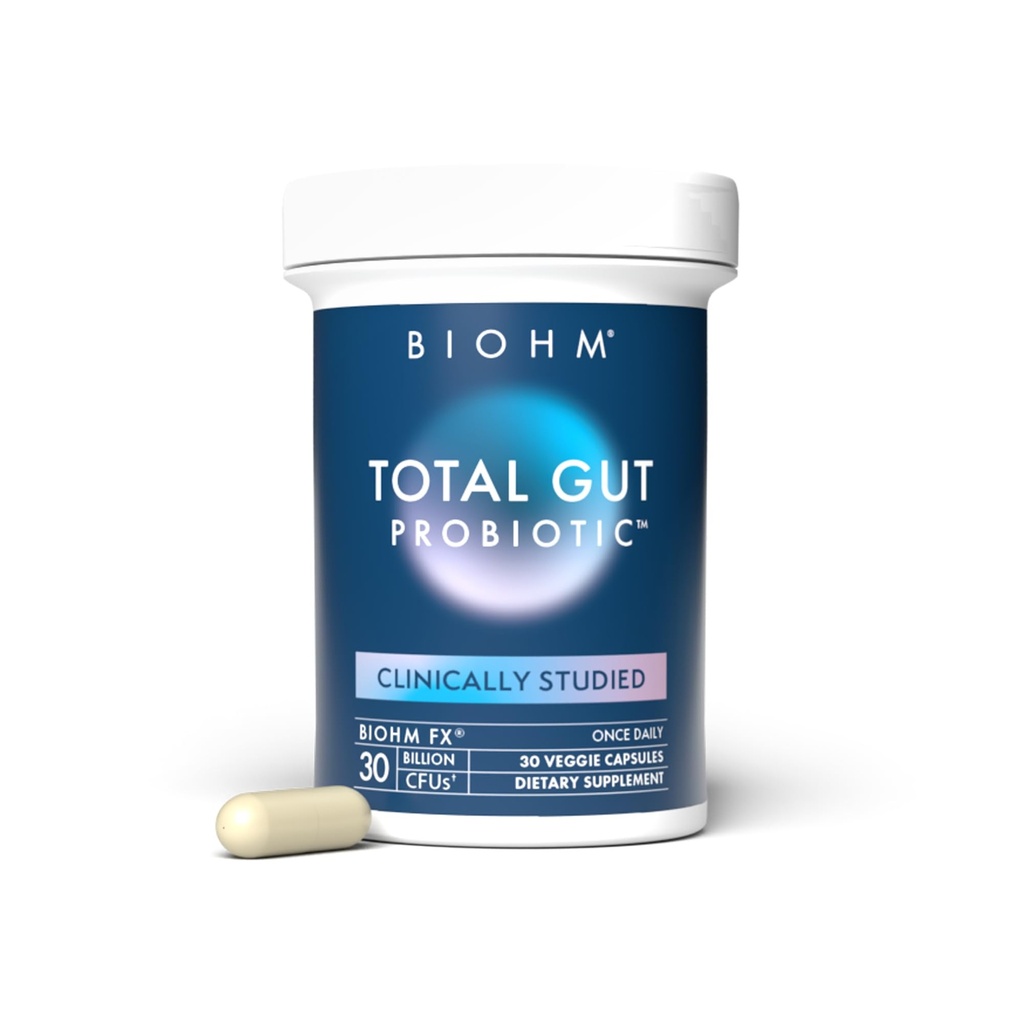BIOHM Total Probiotic, 30 Miliard CFU Codzienne Probiotyki dla Kobiet i Mężczyzn (30 Count) Pomaga zmniejszyć sporadyczne gazu i Bloating, Wspiera trawienie & Total Gut Health, Non-GMO, Wegan