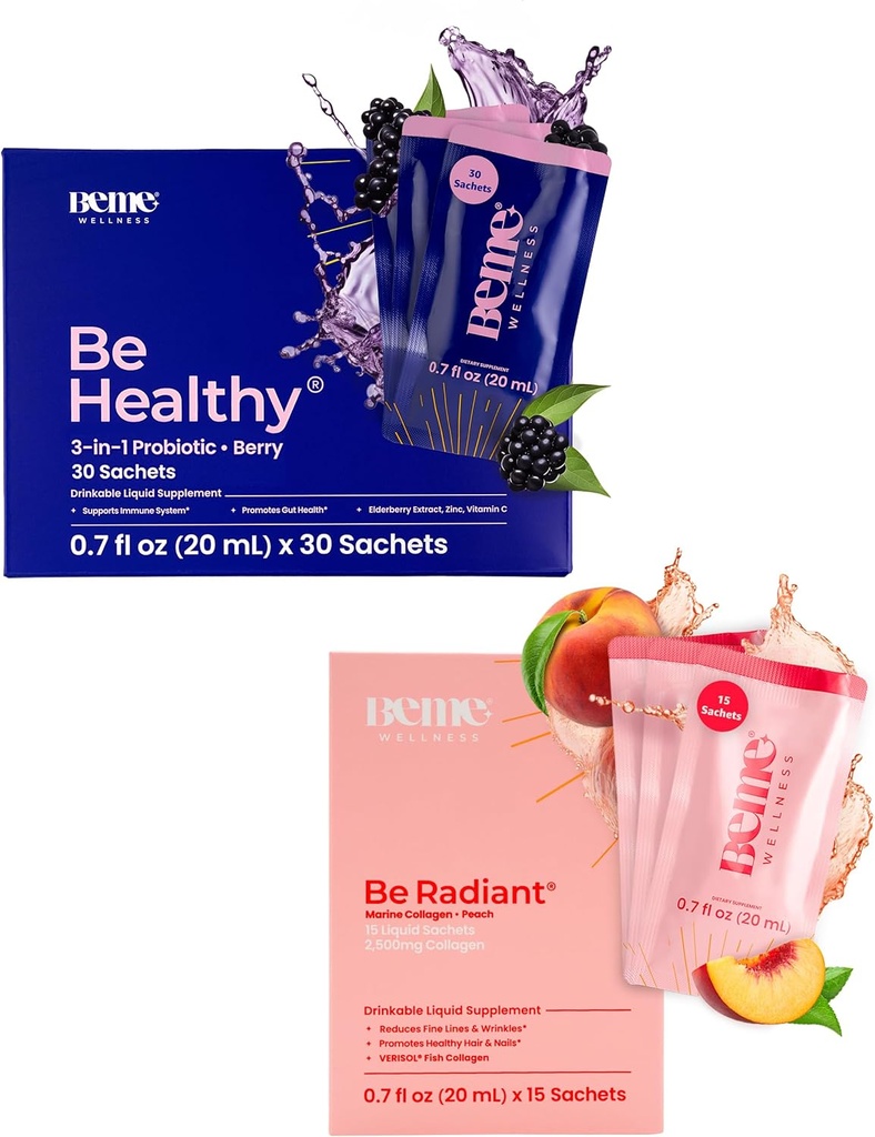 BeMe Beautiful & BeRadiant Peach Bundle - płynne Probiotyki i płynny Kolagen Drink Supplements