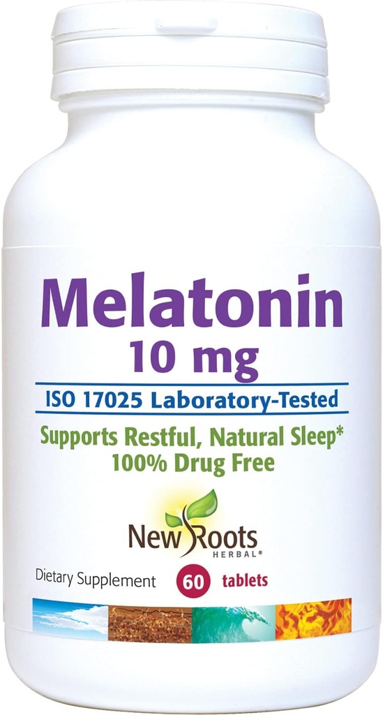 NOWE ROOTS HERBAL suplement do snu 124; Czysta melatonina 10 mg (60 tabletek - 3 miesiące dostaw), Non Habit Forming, Natural Sleep Aid, Non-GMO