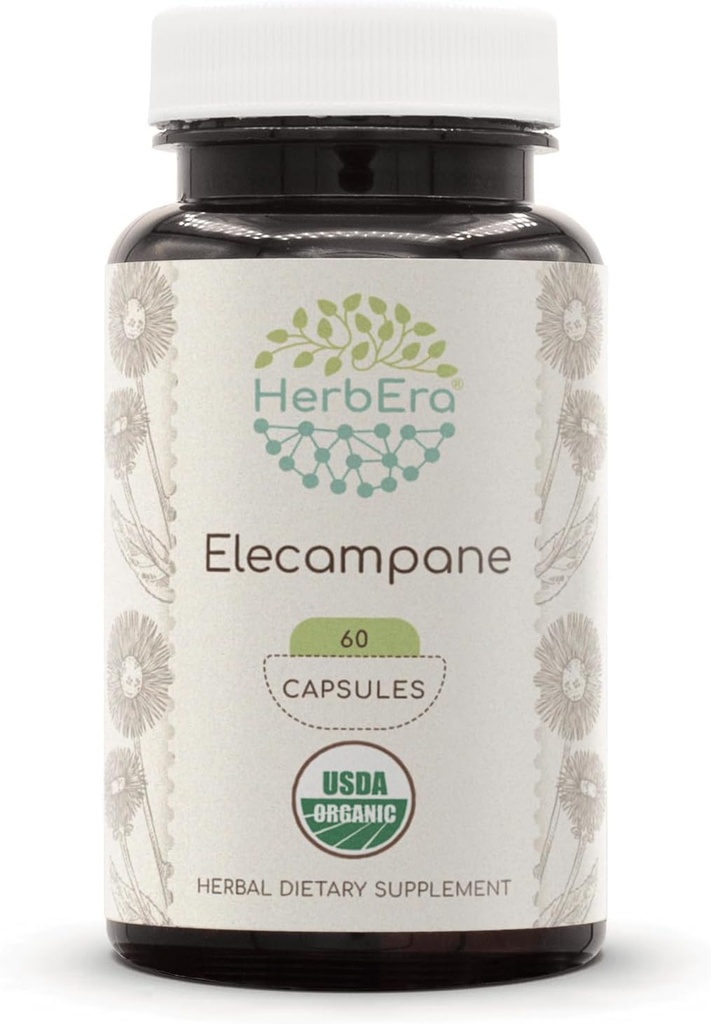 HerbEra Elecampane USDA Organic 60 Kapsułki 124; Natural Herbal Supplement Agregat 124; Certified Organic Vegetarian Capsules and Organic Elecampane (Inula Helenium) Suszony Korzeń (60 Kapsułki)
