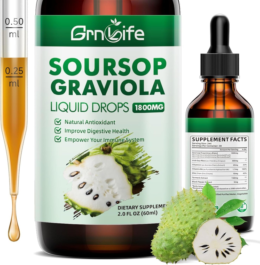 (1 opakowanie) Soursop Graviola płynne krople z mech morskich i kurkumy, Soursop Bitters Liquid for Cell Support & Regeneration, Przeciwutleniacze i immunologiczne, 2 Fl / Oz