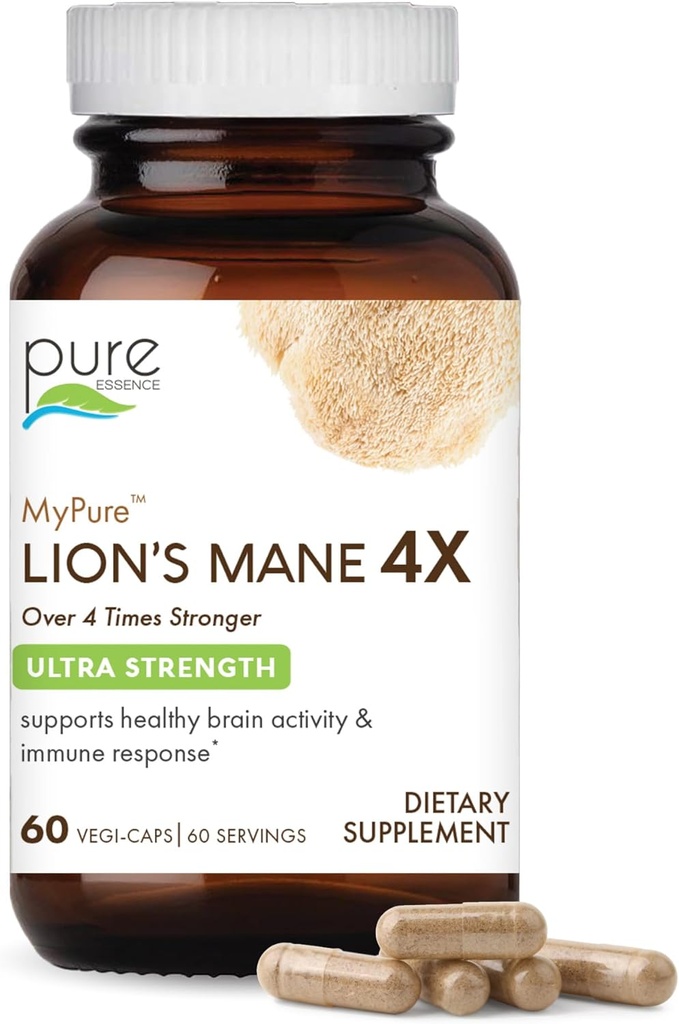 Pure ESCENCE LABS MyPure Lion 's Mane 4X - Ultra Siła Brain Supplement with 6: 1 Hot Water Extract & 10: 1 Extract for Cognitive Health, Focus, Memory & Mental Clarity, 60 kapsułki
