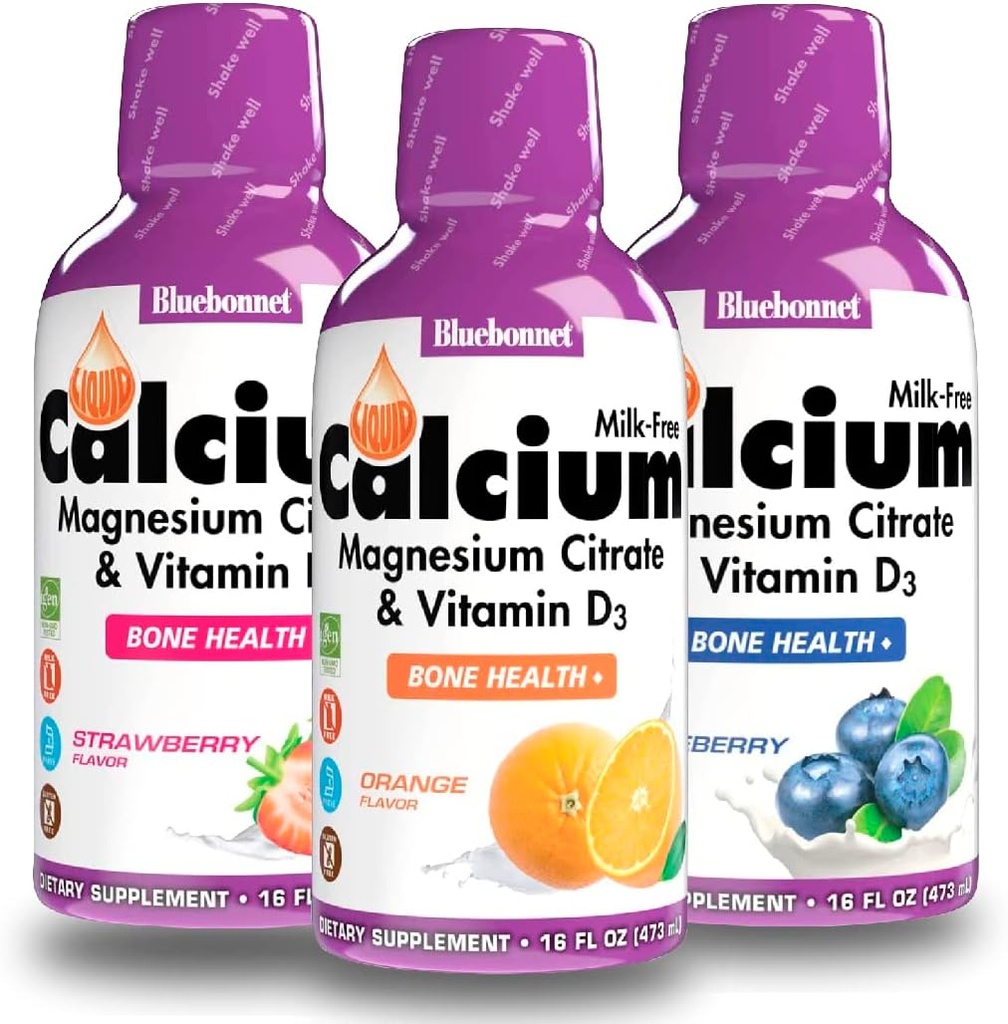 Płynny wapniowy cytrynian wapnia Bluebonnet Cytrynian magnezu, Witamina D3- Paleta pomarańczy, Blueberry i Strawberry Flavor, 3 Butelka 16 Fl Oz Każdy (48 Fl Oz Razem)