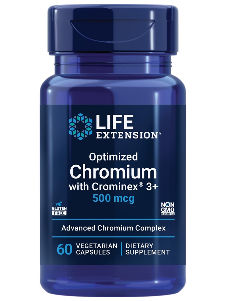 Life Extension Zoptymalizowany chrom z Crominex 3 + 500 µg, Metabolizm Zdrowie, Zdrowa równowaga, Wegetarianin, Gluten Free, Non-GMO, 500 µg, 60 Kapsułki wegetariańskie
