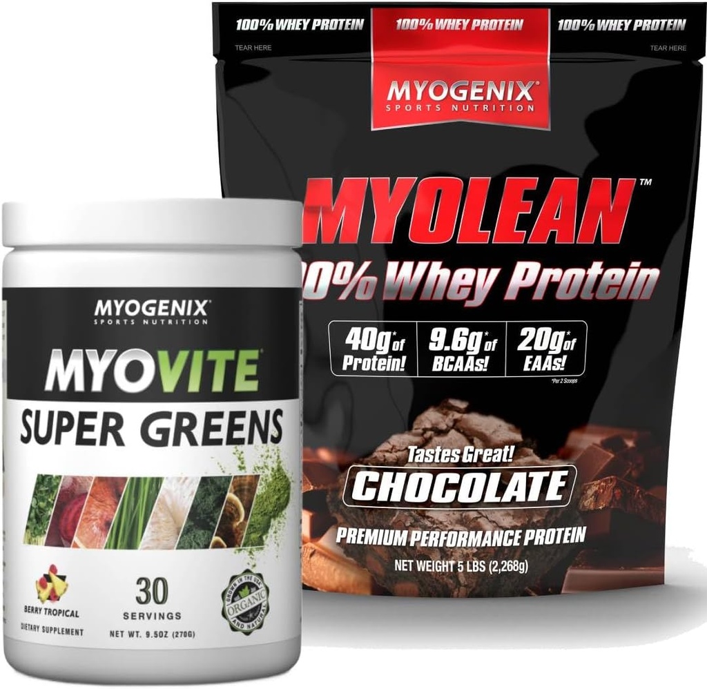 Myogenix Myovite Supergreens Powder & Myolean Chocolate Whey Protein Bundle – Digestion, Immunity & 40g High-Protein Whey – Support Gut Health, Muscle Growth & Recovery