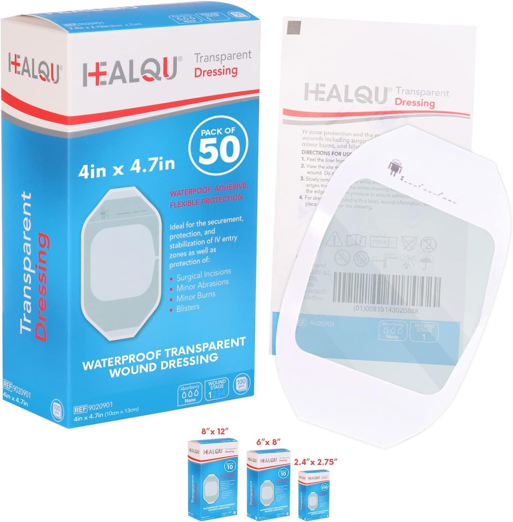 Przezroczyste opatrunki filmowe 4 "x 4,75" (50 Pack) - wodoodporne opatrunki do opatrunków do opatrunków chirurgicznych, IV Shield, Tattoo Aftercare, Clear Breathable Dressing Patches by HEALQU