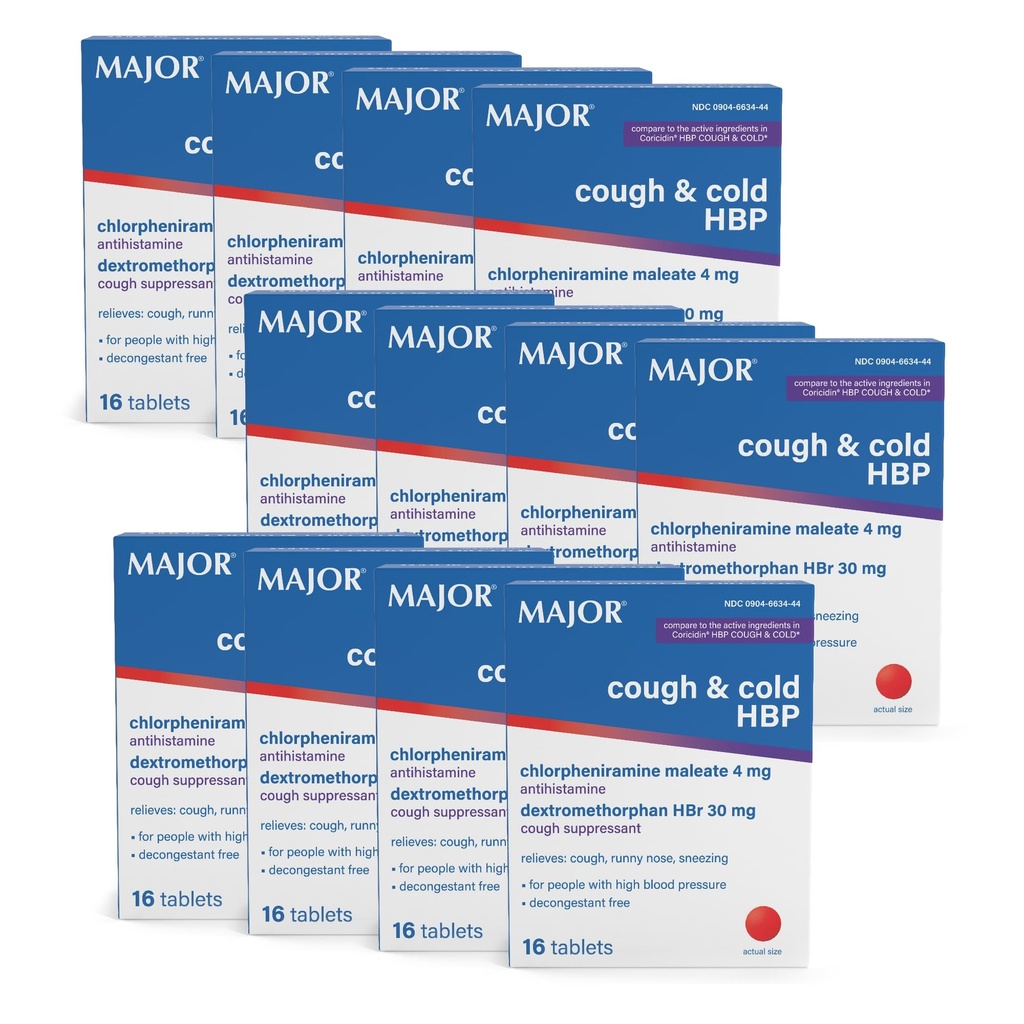 MAJOR Cough and Cold HBP Tablets - Antihistamine and Cough Supressant for People with High Blood Pressure - Dextromethorphan HBr, Chlorfeniramine Maleate - 16 Count (12 Pack)