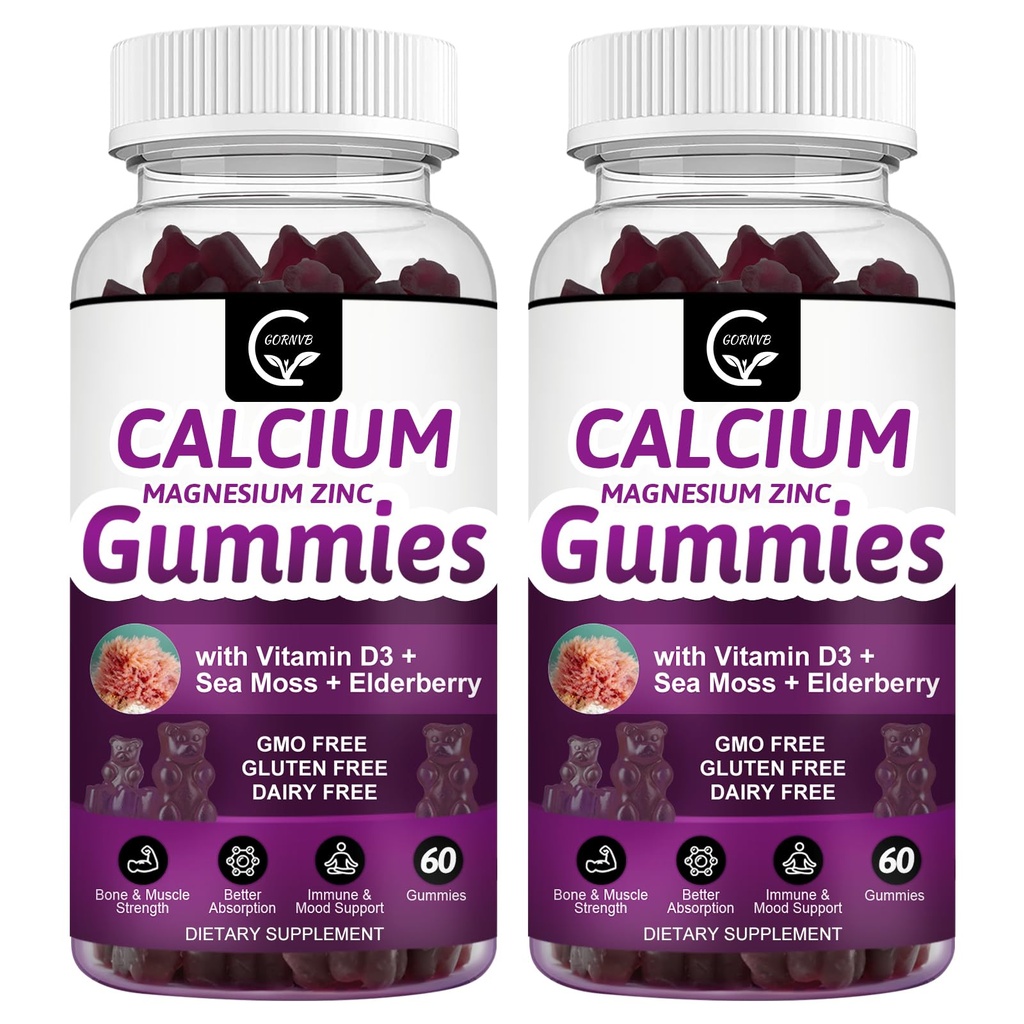 Wapnia Magnezu Cynk Gummie z Wysokiej Absorpcji Magnezu Glicynian Potas - Plant Complex Wapnia Magnezu 2: 1 Stosunek, z D3 Sea Moss dla kości, Mięśnie, Immune & Sleep Support, Vegan-2 Pack