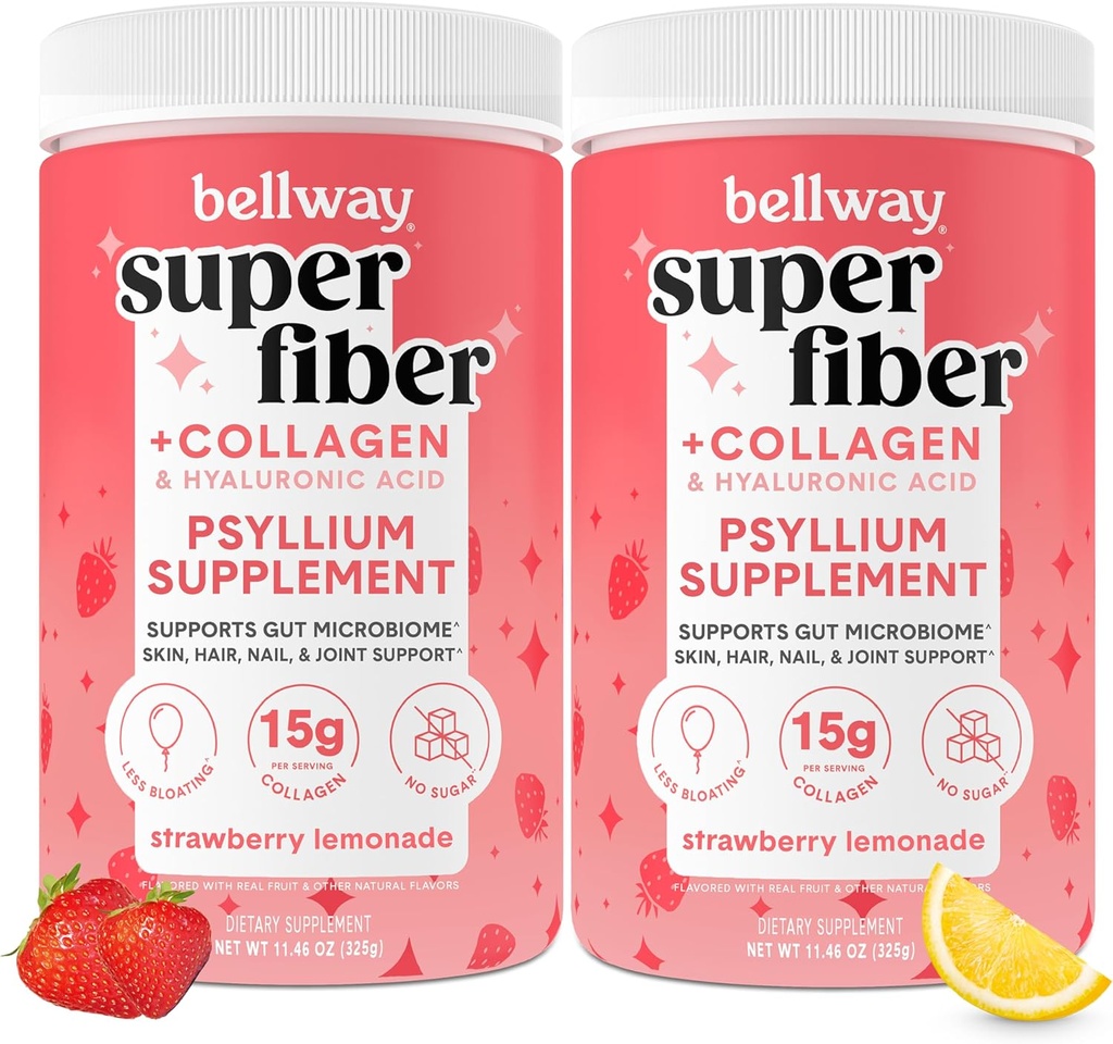 Bellway Super Fiber Powder + Collagen (2 opakowania), Pyllium bez cukru proszek Husk z peptydami kolagenowymi dla Gut Health, Zdrowa skóra, paznokcie, kości i łączniki, Lemoniada truskawkowa (22.92 oz)