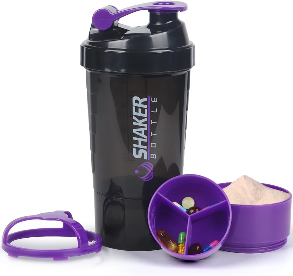 Butelka z protein shaker, 16 Oz Shake Cup do proszku proteinowego ze składowaniem, Sports Water Bottle, Non Slip 3 Warstwa Twist Off 3oz Cups z Pill Tray Leak Guak Butelki do mieszania białek