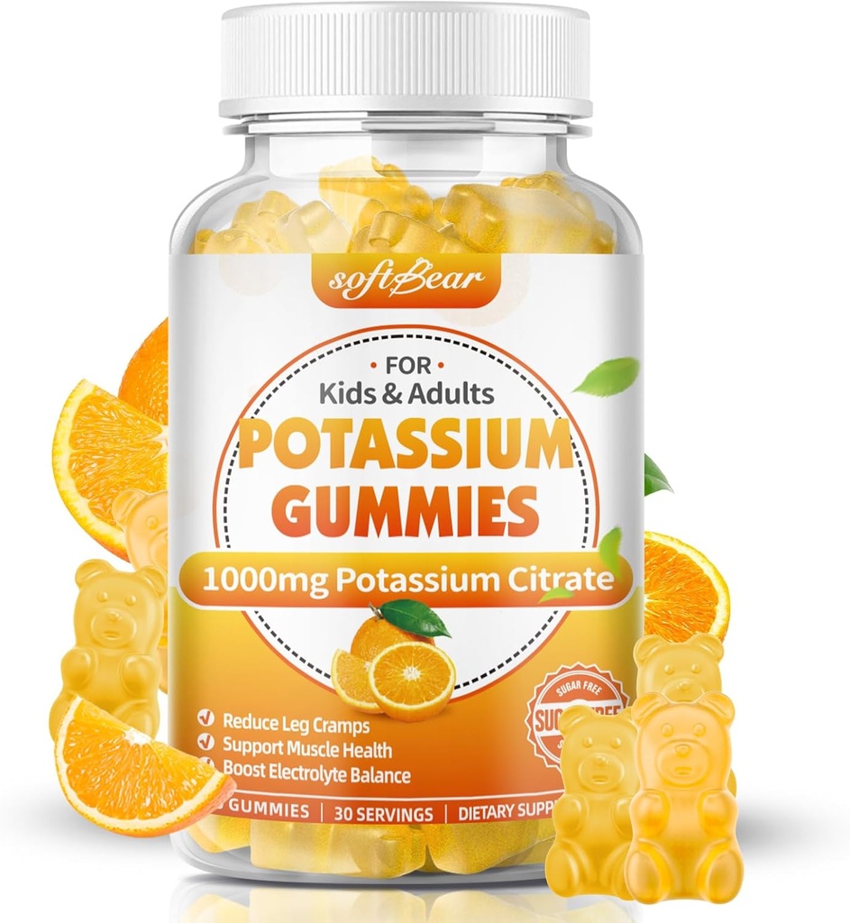 softbear Cytrynian potasu 1000mg, Gumiaki potasu bezcukrowe dla dorosłych Wsparcie dla nóg Krampy & Mięśnie Zdrowie Wysoka moc Suplement potasu Gumiaki Pomarańczowy Flavor 60 Hrabia