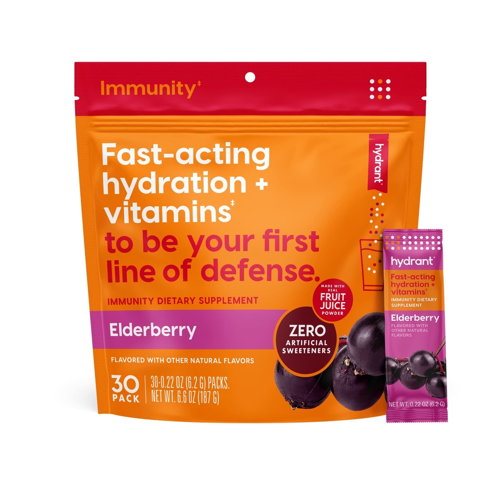 Hydrant - Proszek elektrolitowy odporny, Flavor Elderberry, 30 jednorazowych opakowań do nawadniania - Mieszanka elektroytowa z witaminą C, Witaminą D i Cynkiem do wsparcia immunologicznego