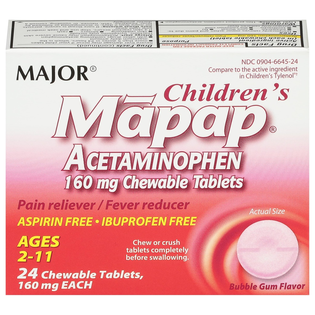 MAJOR Mapap Acetaminofen 160 mg tabletki do rozgryzania i żucia - Reliever Pain / Fever Reducer - Aspirin Free - Ibuprofen Free - dla wieku od 2 do 11- 24 Count (1 Pack)