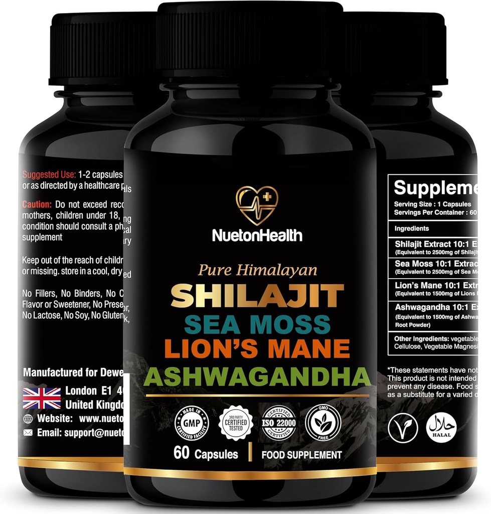 Shilajit, Sea Moss, Lion 's Mane, and Ashwagandha Capsules - Kompleksowy All- in-One Wellness Supplement for Mind, Body, and Vitality - 60 Vegan Capsules