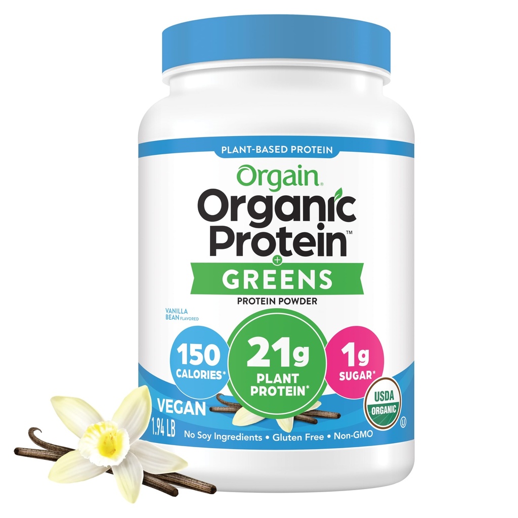 Orgain Organic Vegan Protein Powder + Zielone, Vanilla Bean - 21g roślin na bazie białka, Gluten wolny, Dairy Free, Laktoza wolna, Soy Free, Nie dodano cukru, Z żelaza i prebiotyki dla Gut Health - 1.94lb