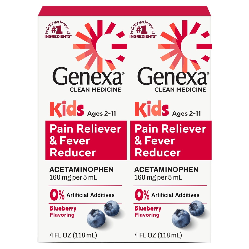 Genexa Czysty Acetaminofen dla dzieci 124; Pediatrician Preferowane składniki do 124; Ból i gorączka Reduktor dla dzieci 124; Bez barwnika, 0% Sztuczne dodatki do 124; Wieki 2- 11, Pyszne Organic Blueberry Liquid, 4 fl oz